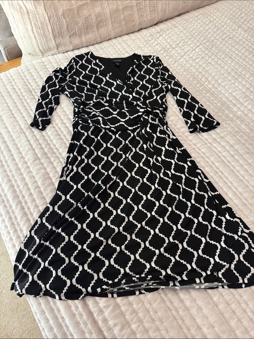 White House Black Market Black & White Geometric Faux-Wrap Midi Dress